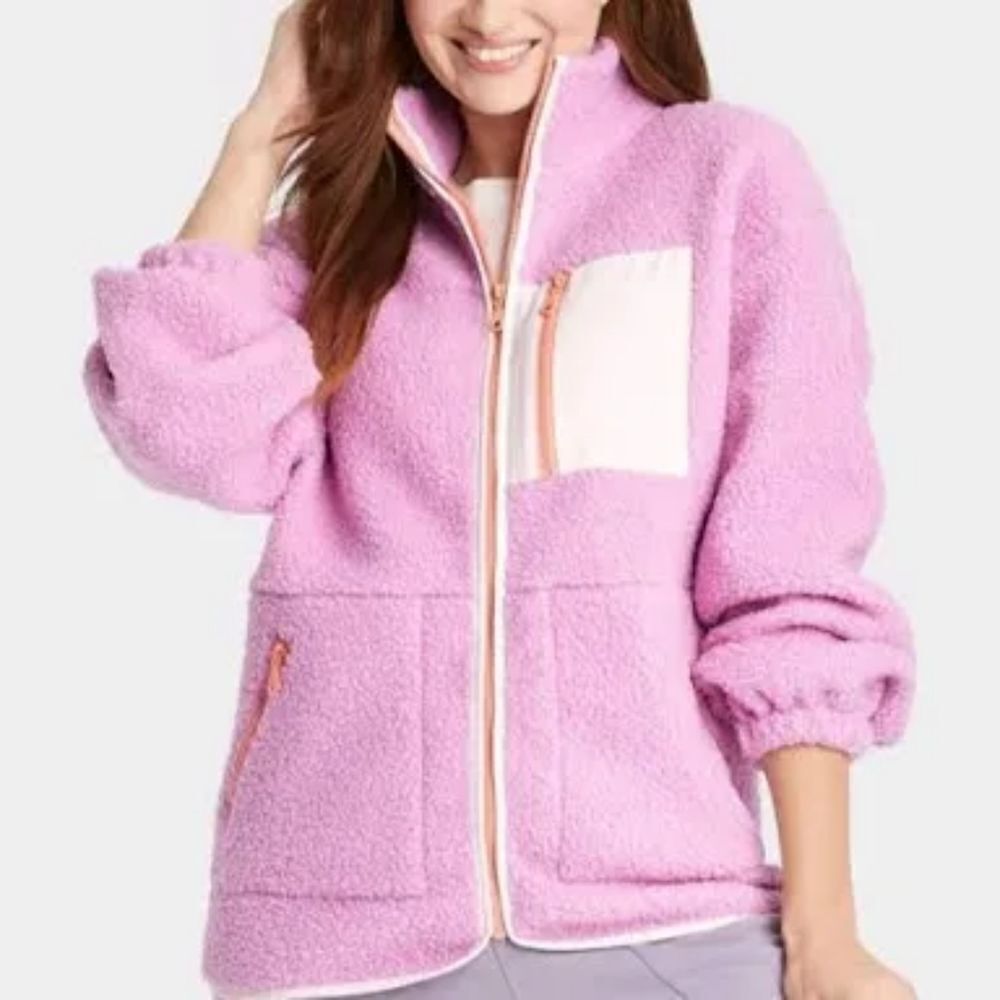Universal Thread Sherpa Jacket, Pink w/Off-white & Peach Zippers, Size Large,NWT